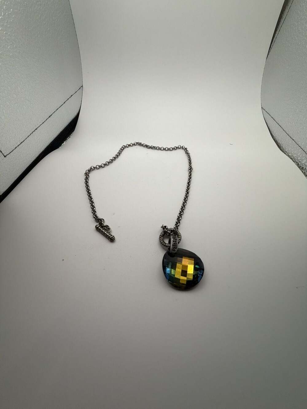 Brighton Silver Tone Toggle Necklace with Iridescent Faceted Pendant